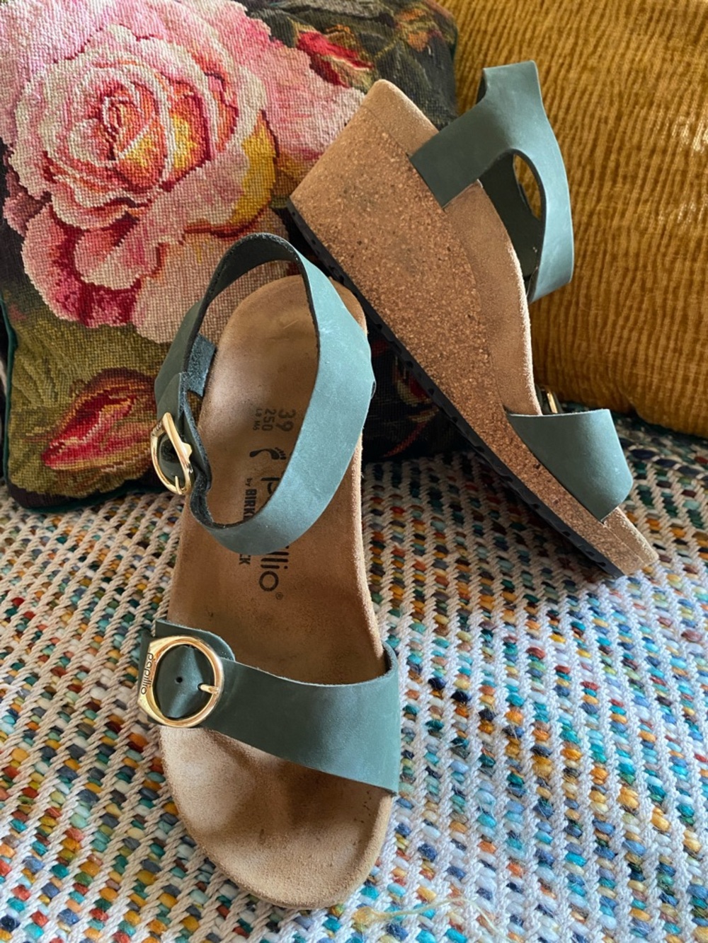 Birkenstock Papillio Green Cork Wedge Sandals with Gold Buckles 39 8 8.5